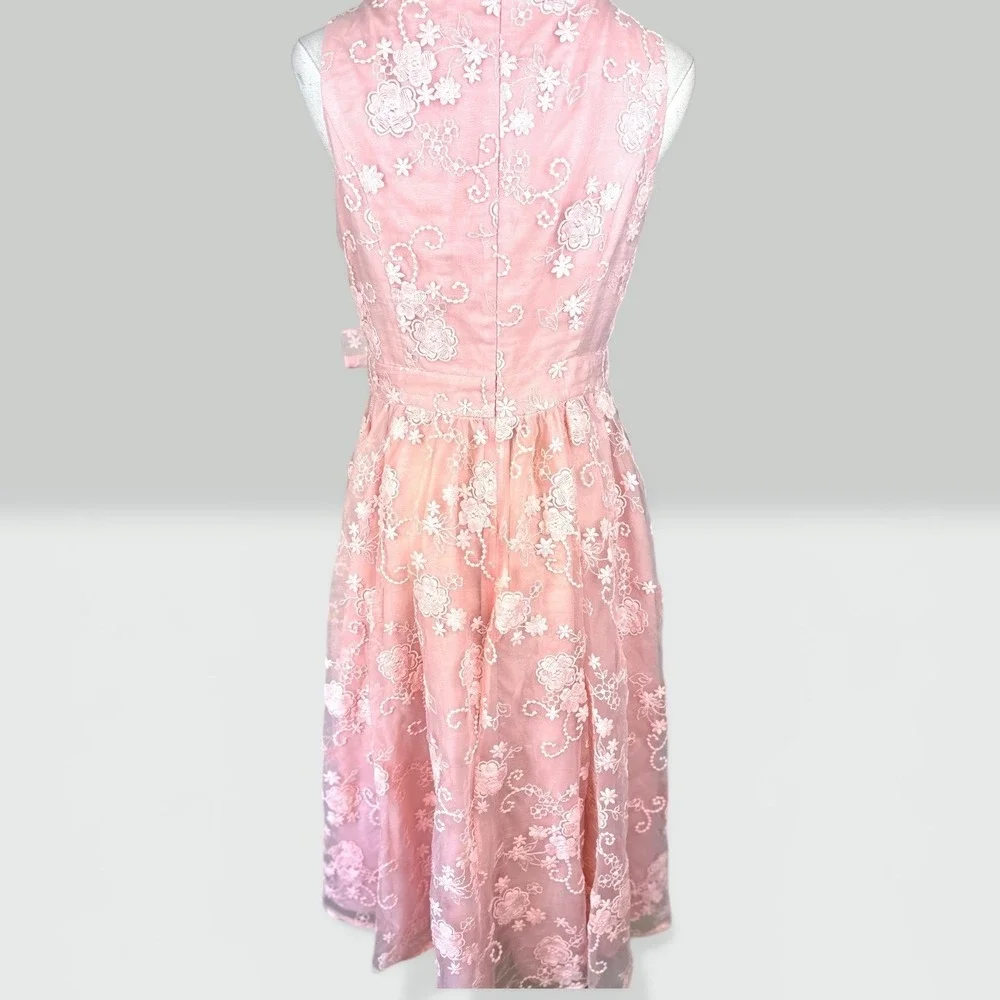 Fehaute SZ6 Pink Floral Lace Midi Dress Wrap V-Neck Sleeveless Pockets lined Bow